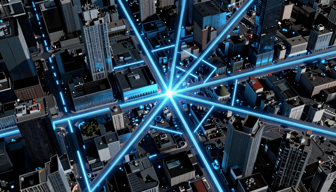 Dramatic low-key satellite map of a city grid with glowing blue overlay lines showing dispatch routes, high-contrast industrial style, cool blue ambient lighting.